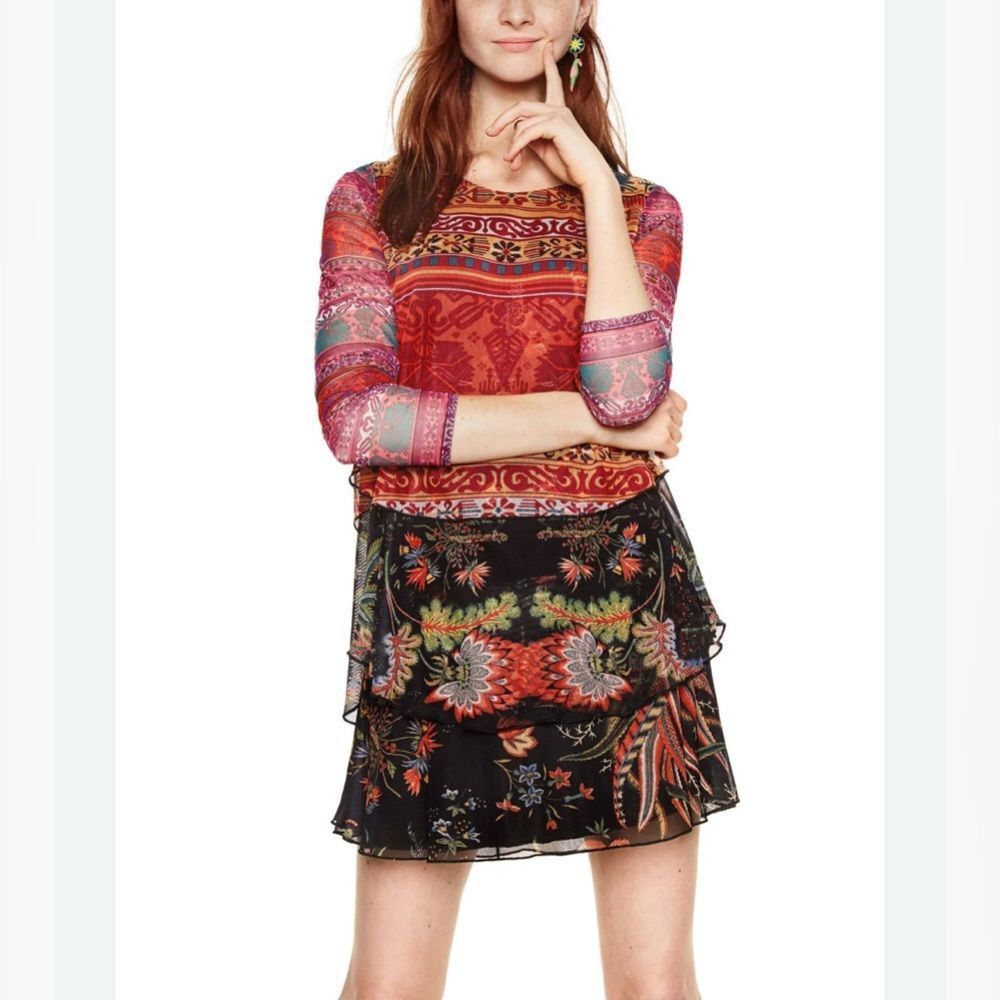 Desigual Boho Patchwork Floral Tiered Mini Dress Long Sleeve NWT Size S